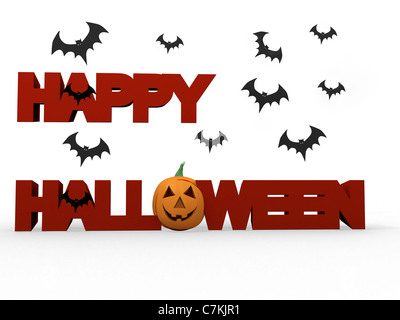 Happy Halloween-Schriftzug mit Grafik der feurige Kürbis Stockfoto