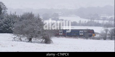 Schnee fällt auf schneebedeckten Wintertag und lokaler Zug der Personenbahn, der an weißen Landfeldern vorbeifährt - Wharfedale Line, West Yorkshire, England, Großbritannien. Stockfoto