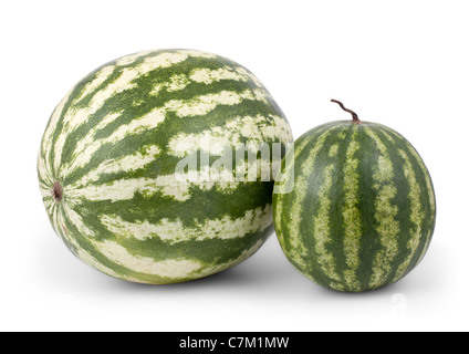 Große und kleine Wassermelone isoliert auf weißem Hintergrund Stockfoto