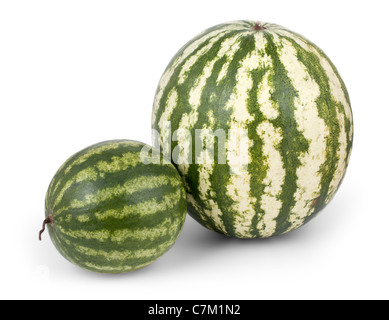 Große und kleine Wassermelone isoliert auf weißem Hintergrund Stockfoto