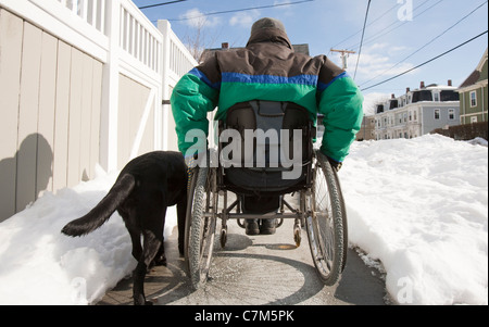 Frau mit Multipler Sklerose in einem Rollstuhl mit einem Servicehund Stockfoto