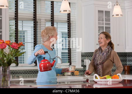 Frauen verwenden einen Energie-Effizienz-Herd und Tee in der Küche ein Green-Technologie-Home Stockfoto