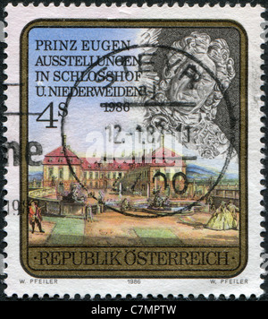 Österreich - 1986: Eine Briefmarke gedruckt in Österreich, der Prinz-Eugen-Ausstellung, Schlosshof und Niederweiden gewidmet Stockfoto