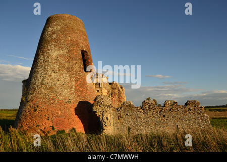 Ruinen der St. Benets Abbey und Windmühle neben dem Fluss Bure auf den Norfolk Broads, von warmen Abendlicht beleuchtet Stockfoto