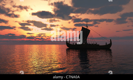 Wikinger-Langschiff bei Sonnenuntergang Stockfoto