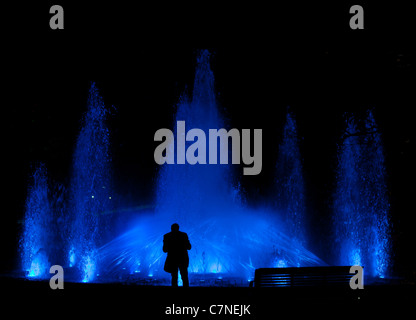 Männlichen stand vor einem schönen Brunnen Feature in der Nacht Stockfoto