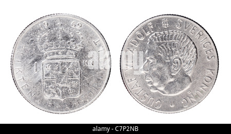 1 Schwedenkrone aka Crown' ' Münze aus dem Jahr 1969 mit König Gustaf VI Adolf von Schweden. Stockfoto