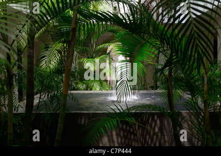 Palmen und Brunnen in einem offenen Innenhof in einem mexikanischen Resort Mayan Riviera-Mexiko Stockfoto