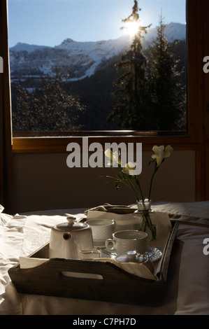 Tablett mit Frühstück am Bett Stockfoto