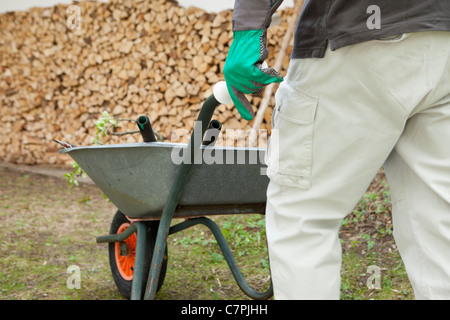 Mann in Handschuhen Schubkarre schieben Stockfoto