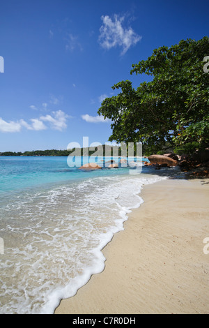 Blick auf den Strand von Anse Lazio, Praslin Island, Seychellen. Stockfoto