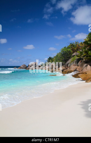 Blick von der Anse Cocos Beach in La Digue Island, Seychellen. Stockfoto