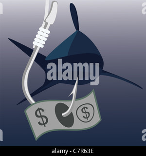 Geld Banknote am Angelhaken mit Hai auf Hintergrund Stockfoto