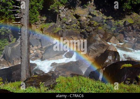 Regenbogenfarbenen aus dem nebligen Vernal Fall reflektiert. Yosemite Nationalpark, Kalifornien, USA. Stockfoto