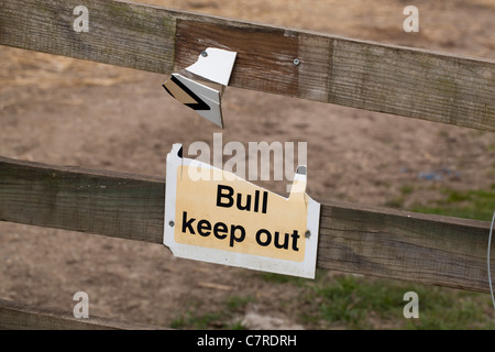 Zeichen Sie, "BULL fernzuhalten". Weidezaun, Suffolk, England. Warnhinweis auf öffentlichen, Passanten. Stockfoto