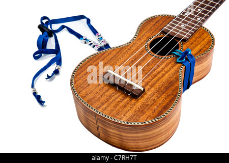 Ein Sopran-Ukulele angebracht Liebe Uke Riemen Stockfoto