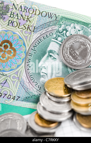 ein Wert Polnischer Złoty-Banknoten und-Münzen Stockfoto
