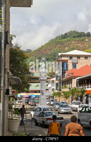 Blick auf die Replik des Big Ben in der Stadt Victoria, Mahé, Seychellen. Stockfoto