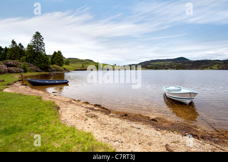 Entfernten Loch Ordie, nr Dunkeld, Schottland, aufgenommen im Sommer mit zwei alten Ruderboote in den Vordergrund und blühenden Rhododendren Stockfoto