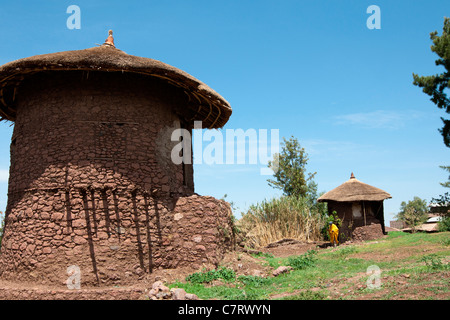 Traditionellen strohgedeckten Tukul in Lalibela, Nord-Äthiopien, Afrika. Stockfoto