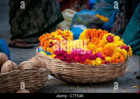 Korb mit Blumen für die Herstellung von Girlanden für den Verkauf auf einer indischen Straße. Andhra Pradesh, Indien Stockfoto