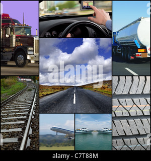 Transport unter dem Motto Collage oder Sammlung mit verschiedenen Arten von Transport: LKW, Flugzeug, Auto, Boot, Zug. Stockfoto