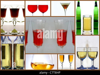 Eine Collage aus verschiedenen Bildern von alkoholischen Getränken für die Gastronomie. Stockfoto