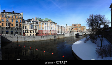 Alte Häuser in Stockholm - Panoramablick Stockfoto