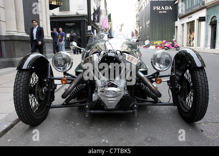 Die Morgan 3 Superdry Kraftfahrzeug, hier zu sehen in New Bond Street, London geparkt. Stockfoto