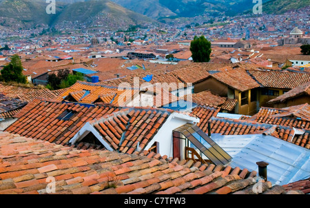 Blick auf die peruanische Stadt Cusco, die ehemalige Hauptstadt des Inka Reiches und der "Unesco" Welterbe-Gebiet Stockfoto