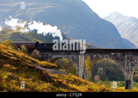 Jacobite Steam Train Kreuzung Glenfinnan-Viadukt im Herbst mit Loch Shiel in Hintergrund, Lochaber, Schottland, UK, Europa Stockfoto
