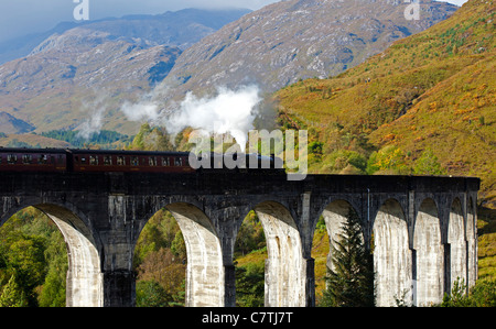 Jacobite Steam Train Kreuzung Glenfinnan-Viadukt im Herbst Lochaber, Schottland, UK, Europa Stockfoto