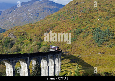 Erstes Scotrail Diesel Zug Kreuzung Glenfinnan-Viadukt im Herbst mit Lochaber Schottland UK Europe Stockfoto