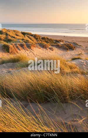 Saunton Sands von Braunton Burrows an einem Sommerabend, Devon, England. Sommer (Juni) 2011. Stockfoto