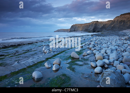 Felsvorsprüngen Kilve Strand an der Küste Somerset, England. Sommer (Juni) 2011. Stockfoto