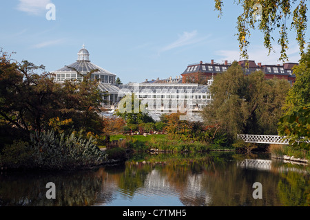 Herbst im Botanischen Garten in Kopenhagen, Dänemark. Farbige Blätter spiegelt im See, Gewächshaus im Hintergrund Stockfoto