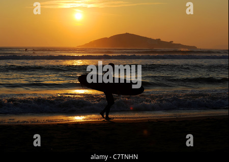 Eine Surfer Spaziergänge Größe Strand in Devon bei Sonnenuntergang im späten September Stockfoto