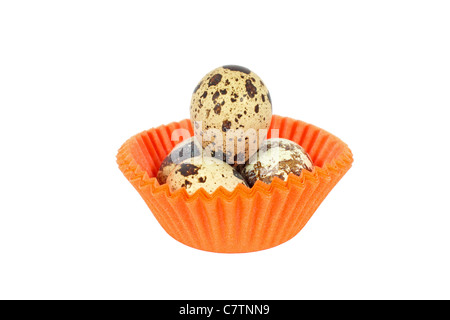 Eiern der japanischen Wachtel in kleine Pappbecher isoliert auf weiss Stockfoto