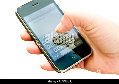 Nahaufnahme von Frauenhand mit palmtop Stockfoto