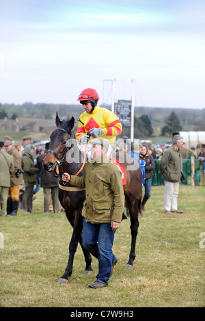 Ein Pferd fährt die Parade Ring um den Duke of Beaufort Jagd Punkt, Gloucestershire UK Stockfoto