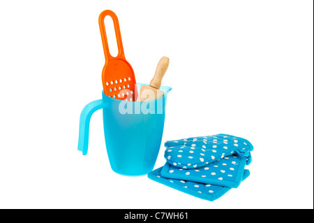 Küchengerät in blau und Orange isoliert auf weißem Hintergrund Stockfoto