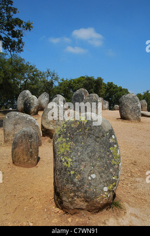 Alte megalithische Menhire Menhire der Der Almendres Cromlech oder Cromoleque dos Almendres in der Nähe des Dorfes Nossa Senhora de Guadalupe, in der Gemeinde von Nossa Senhora da tourega, Stadt Evora, im portugiesischen Alentejo Portugal Stockfoto