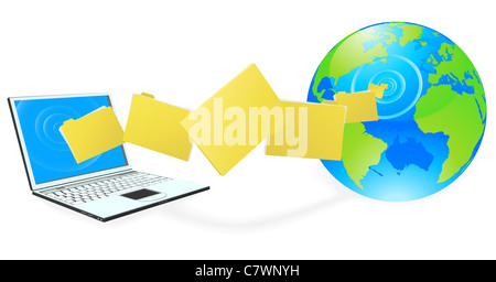 Laptop-Computer hochladen oder Herunterladen von Dateien mit dem Internet von Globus vertreten. Stockfoto