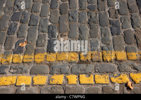 Doppelte gelbe Linien auf gepflasterten Straße gemalt Stockfoto