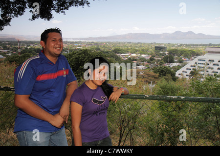 Managua Nicaragua, Mittelamerika, Loma de Tiscapa, historischer Nationalpark, Parque historico, La Sombra de Sandino, Bay Water of Managua, Panoramablick, His Stockfoto