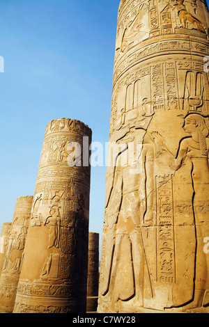 Geschnitzte Säulen an den antiken Ruinen von Kom Ombo auf dem Nil im Süden von Ägypten Stockfoto