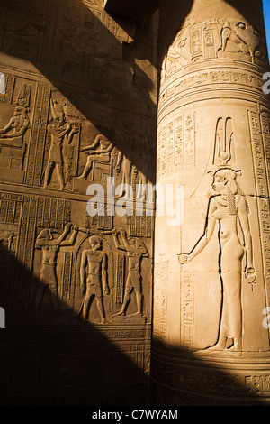 Schnitzereien an der Tempel des Horus und Sobek bei den antiken Ruinen von Kom Ombo auf dem Nil im Süden von Ägypten Stockfoto