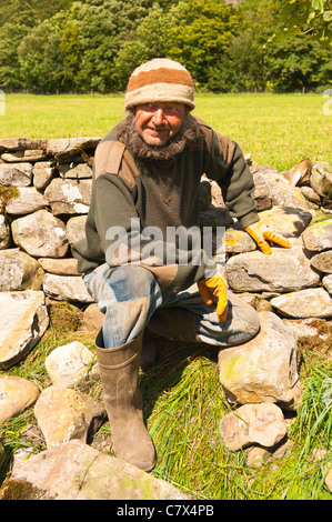 Eine Mann repariert eine Trockenmauer an Muker im Swaledale in North Yorkshire, England, Großbritannien, Uk Stockfoto