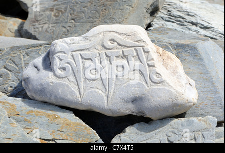 Ein Fluss-Stein geschnitzt mit dem Mantra Om Mani Padme Hum auf ein Gebet-Wand. Rangdum, Zanskar, Ladakh. Stockfoto