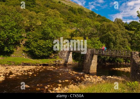 Rampen-Holme-Brücke über den Fluss Swale bei Muker im Swaledale in North Yorkshire, England, Großbritannien, Uk Stockfoto